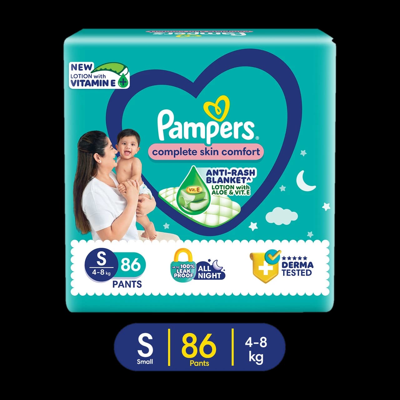 Pampers Complete Skin Comfort Pants, Anti-rash blanket, Lotion with VitaminE & Aloe Vera - S (86 Pieces)